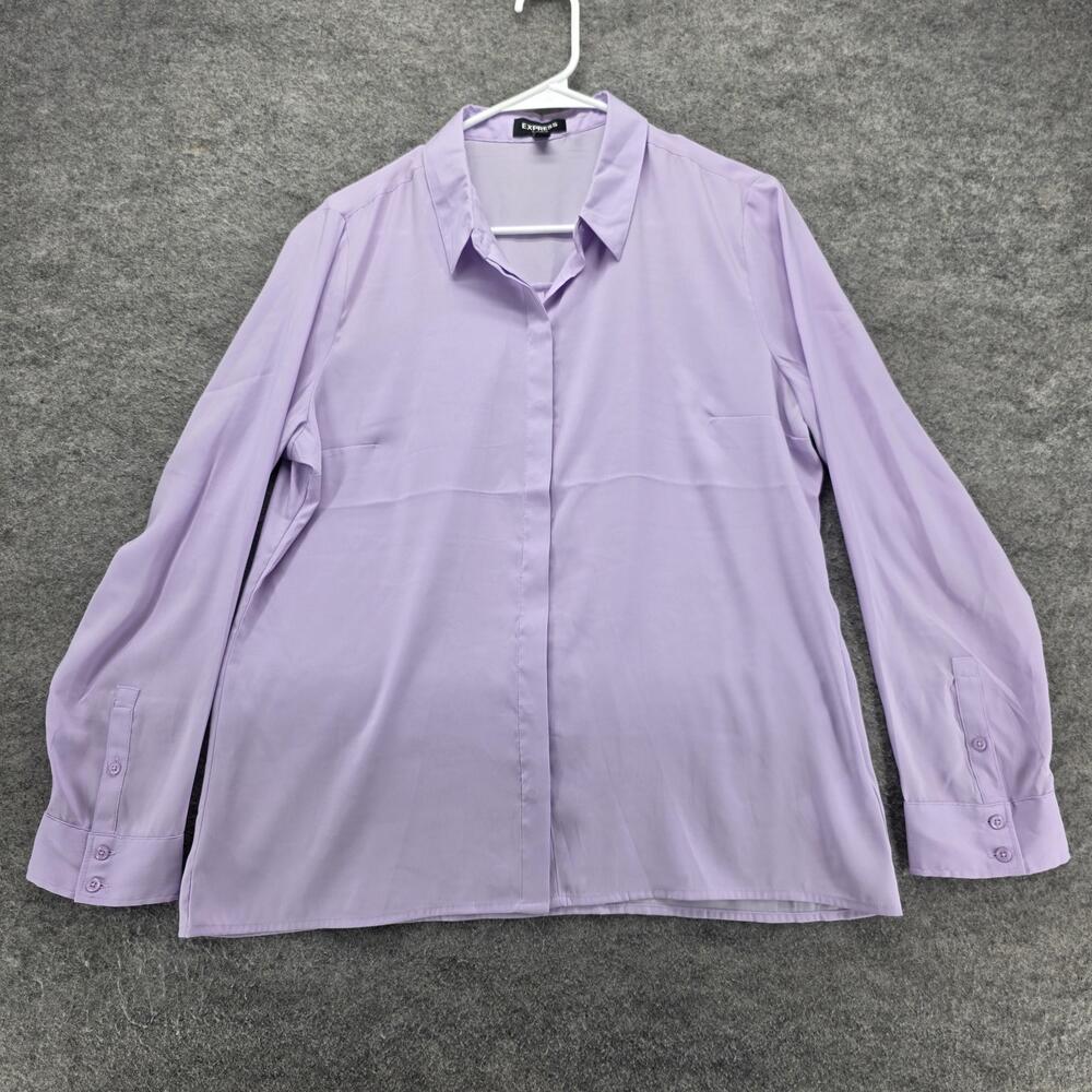 Express Button-Up Womens L Purple Basic Collared Long Sleeve Stretch Workwear